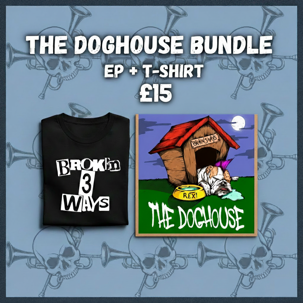 Black t-shirt with 'Broken 3 Ways' text and a poster of a doghouse with a bulldog and text on a blue background with skull and crossbones.